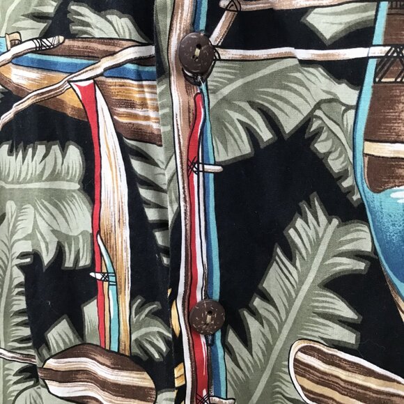 VTG Men's 2XL Hawaiian Shirt Hilo Hatties Palms Canoes Button Down Green Brown - Picture 7 of 9